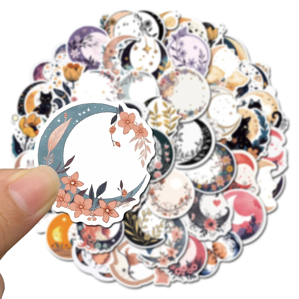 50PCS Moon Flower and Cat Stickers Laptop Phone Decoration Scrapbook Guitar Motorcycle Graffiti Luggage Waterproof DIY Sticker