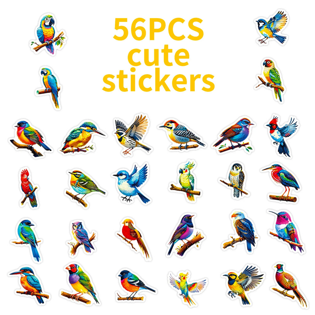 56/112 Pcs Colorful Bird Doodle Stickers Clear Pattern Non Trace Adhesive for Phone Window Fridge Furniture Envelope Decals