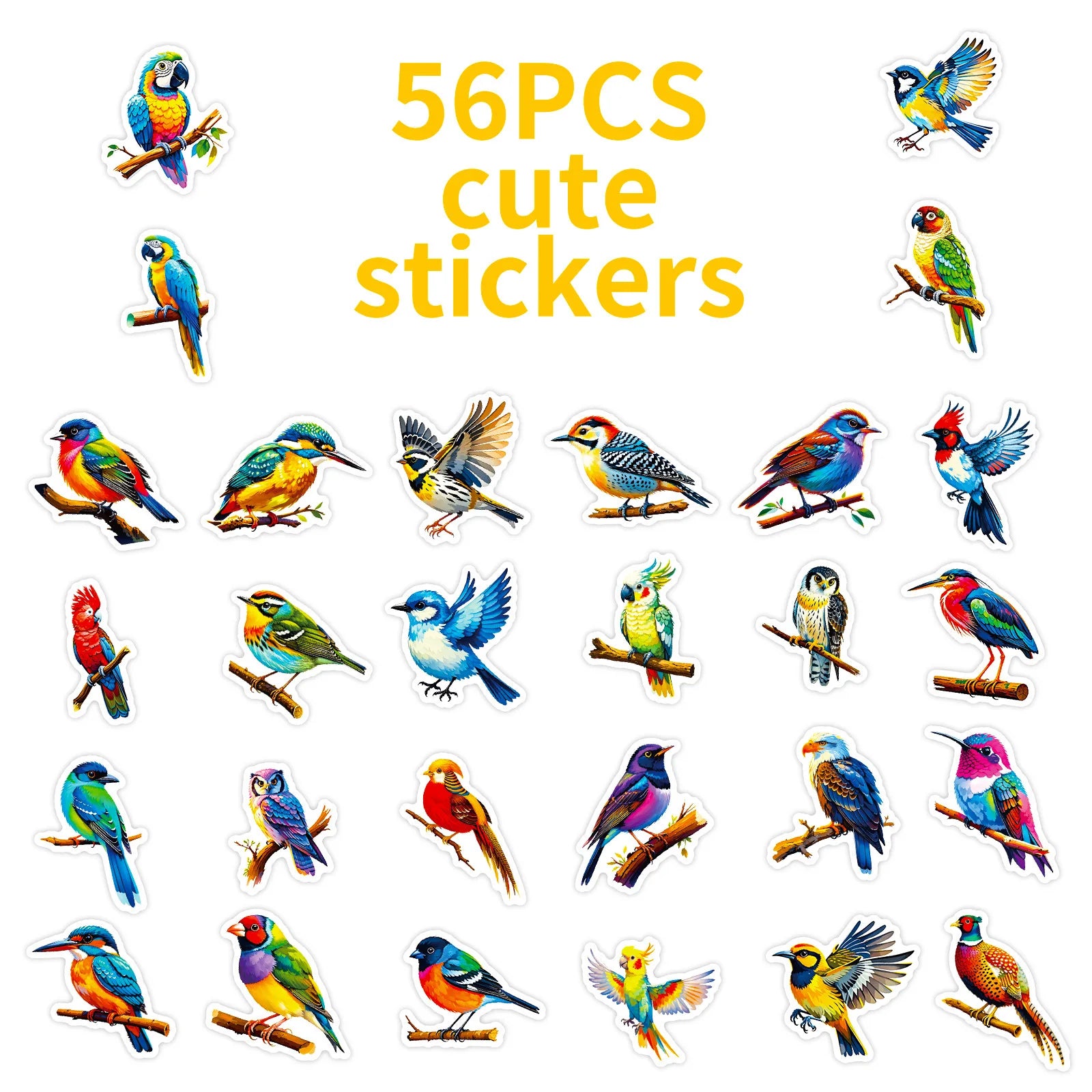 56/112 Pcs Colorful Bird Doodle Stickers Clear Pattern Non Trace Adhesive for Phone Window Fridge Furniture Envelope Decals