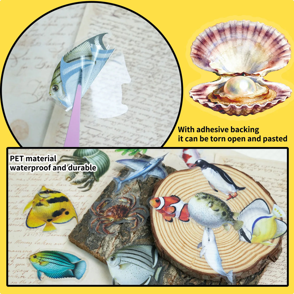 56/112 Pcs New Realistic Marine Animal PET Stickers High Transparency Various Fish Creative Handmade for Notebook Fridge Cabinet