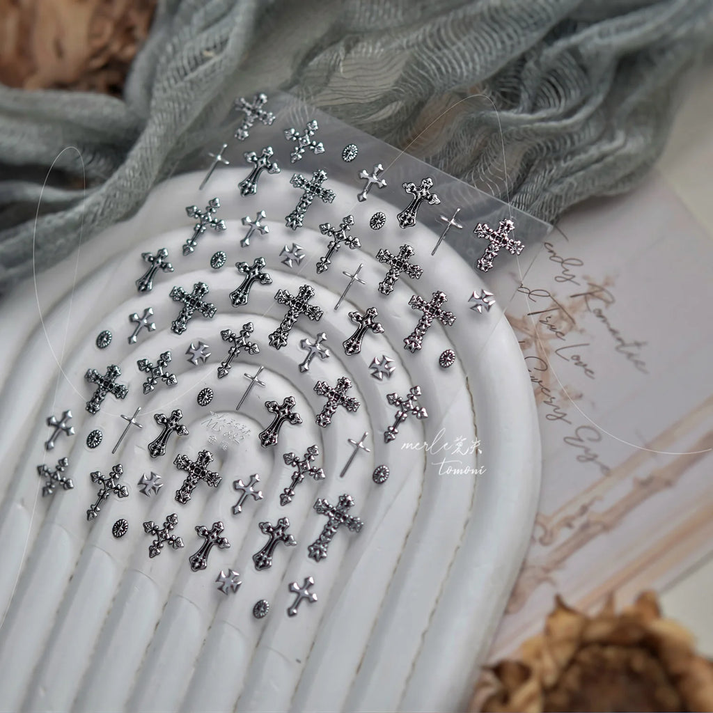 Retro Cross Nail Art Accessories Stickers Gold Silver Bronzing Multi Stely Cross Nail Stickers DIY Back Adhesive Manicure Decals