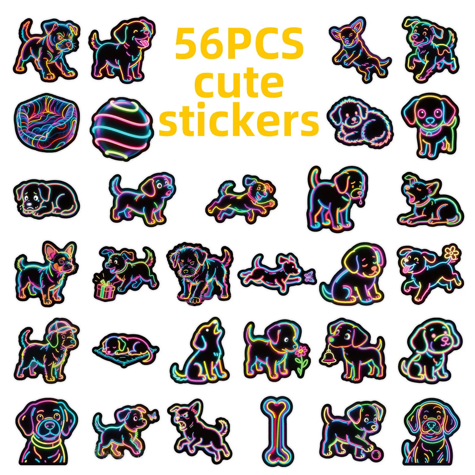 56/112PCS Neon Cartoon Dog Graffiti Stickers Creative Colorful Lantern Cartoon Dog Notebook Water Cup Decoration Stickers