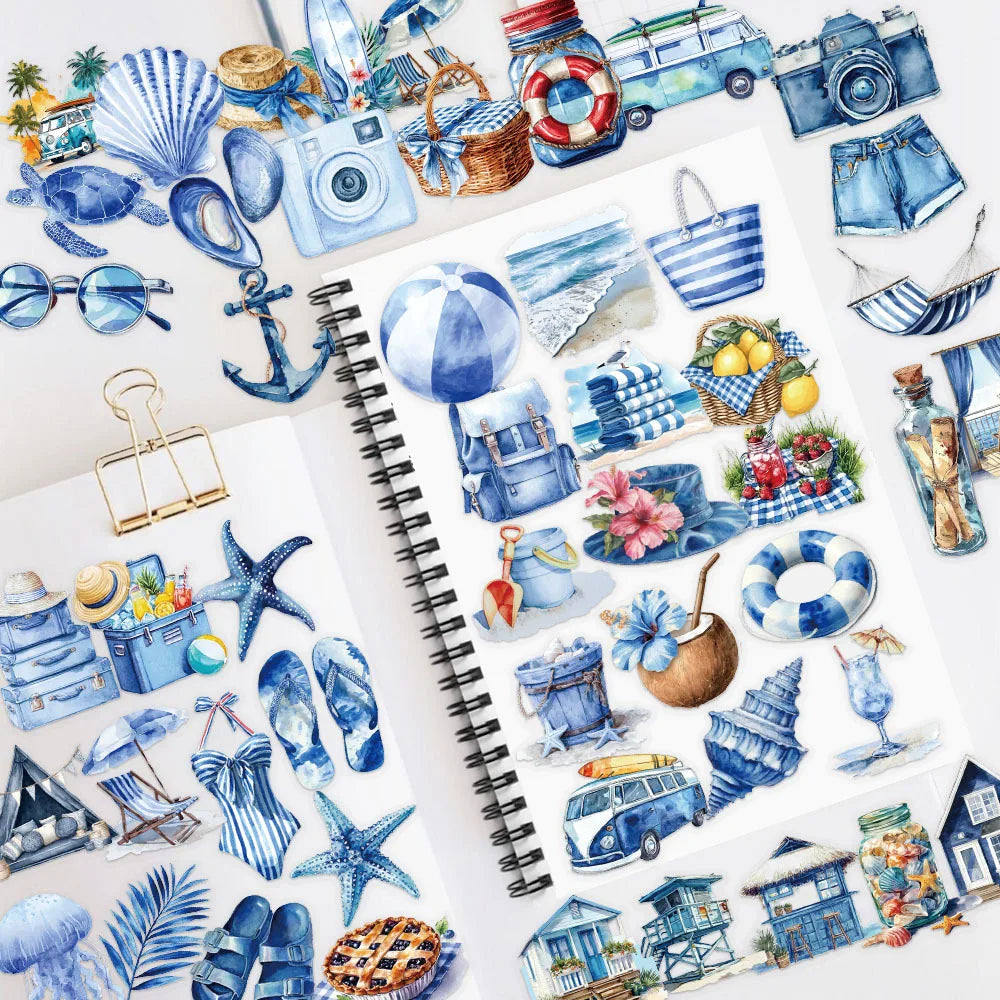 50-Pack Summer Beach Blue Waterproof Stickers Transparent PET Decoration Decals for Water Bottles Phone Stationery Notebook