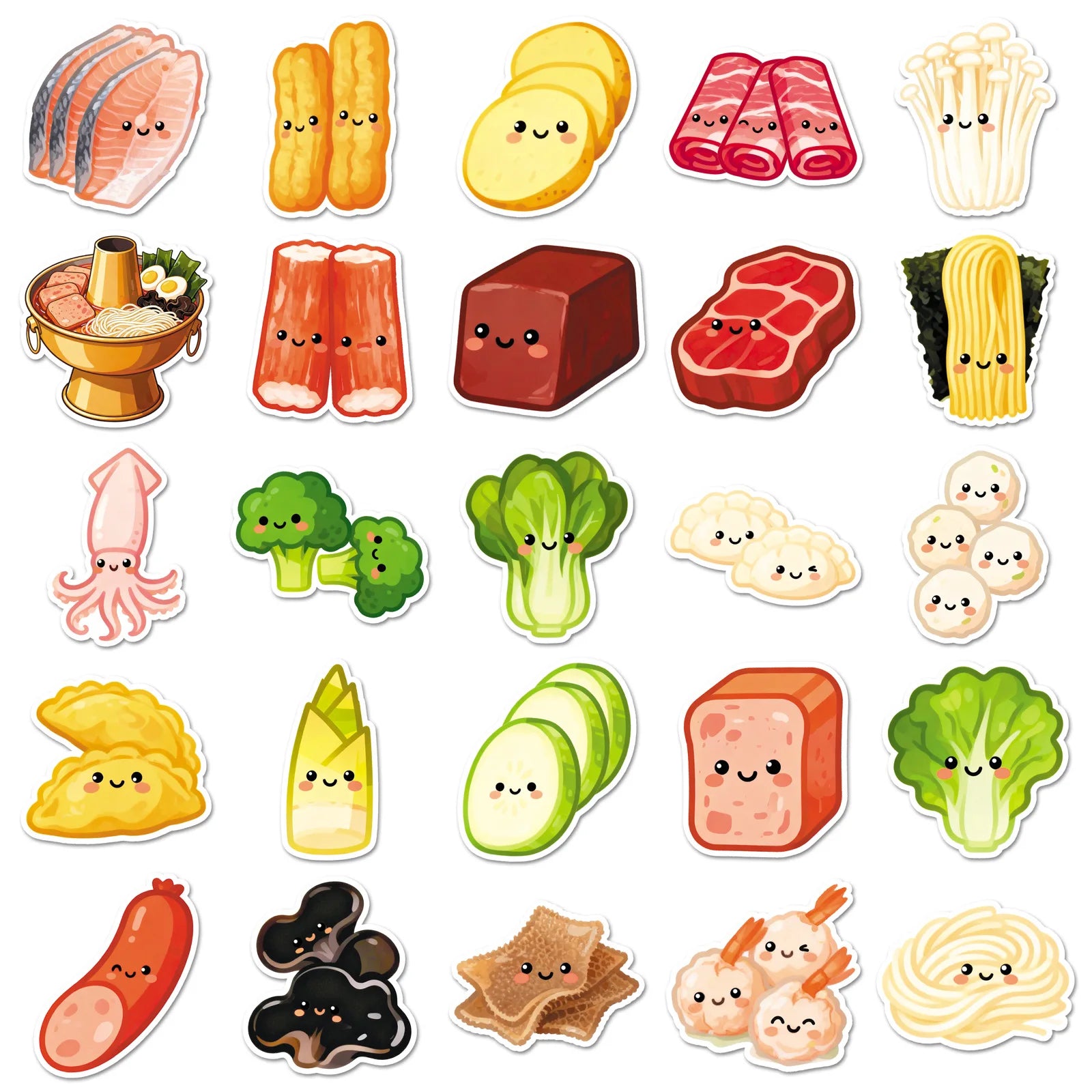 50Pcs Cartoon Hot Pot Ingredients Stickers, Cute Veggie Food Doodle Decals for Notebook Phone Cup Fridge Kitchen DIY Decor