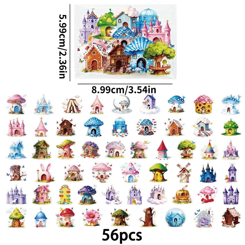 56PCS Fairy Tale Mushroom PET Sticky Sticker Aesthetic Tear Open DIY Decoration Scrapbooking Stationery Supplies for Kids