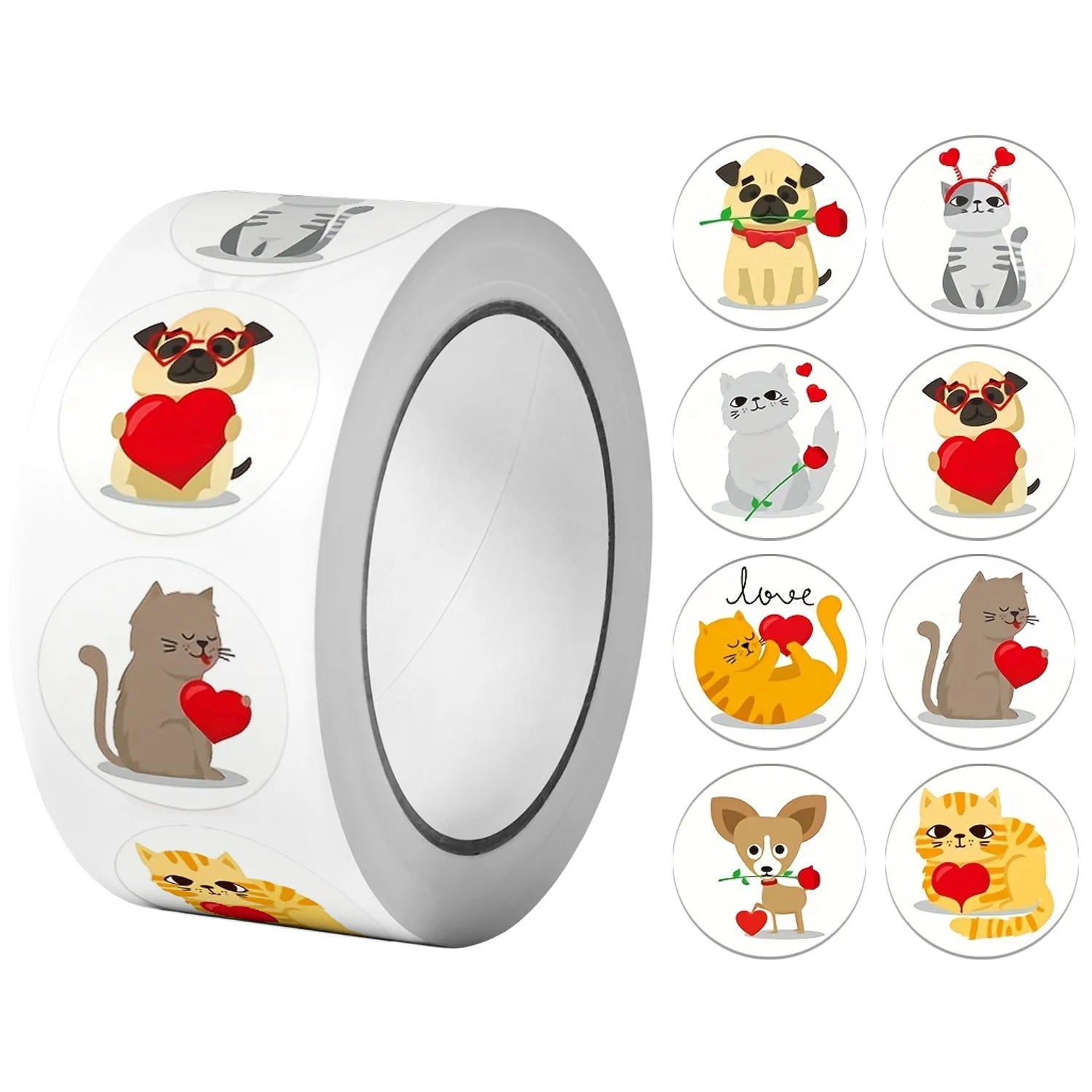 1Roll(500pcs) 1'' Round Cartoon Animals with Love  Stickers for Kids Teacher Reward School Supplies Animal Incentive Home Decor
