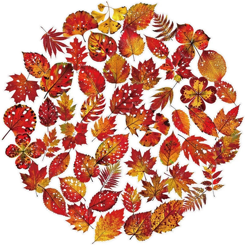 56PCS Red Leaf PET Sticky Sticker Aesthetic Tear Open DIY Decoration Scrapbooking School Stationery Supplies for Kids
