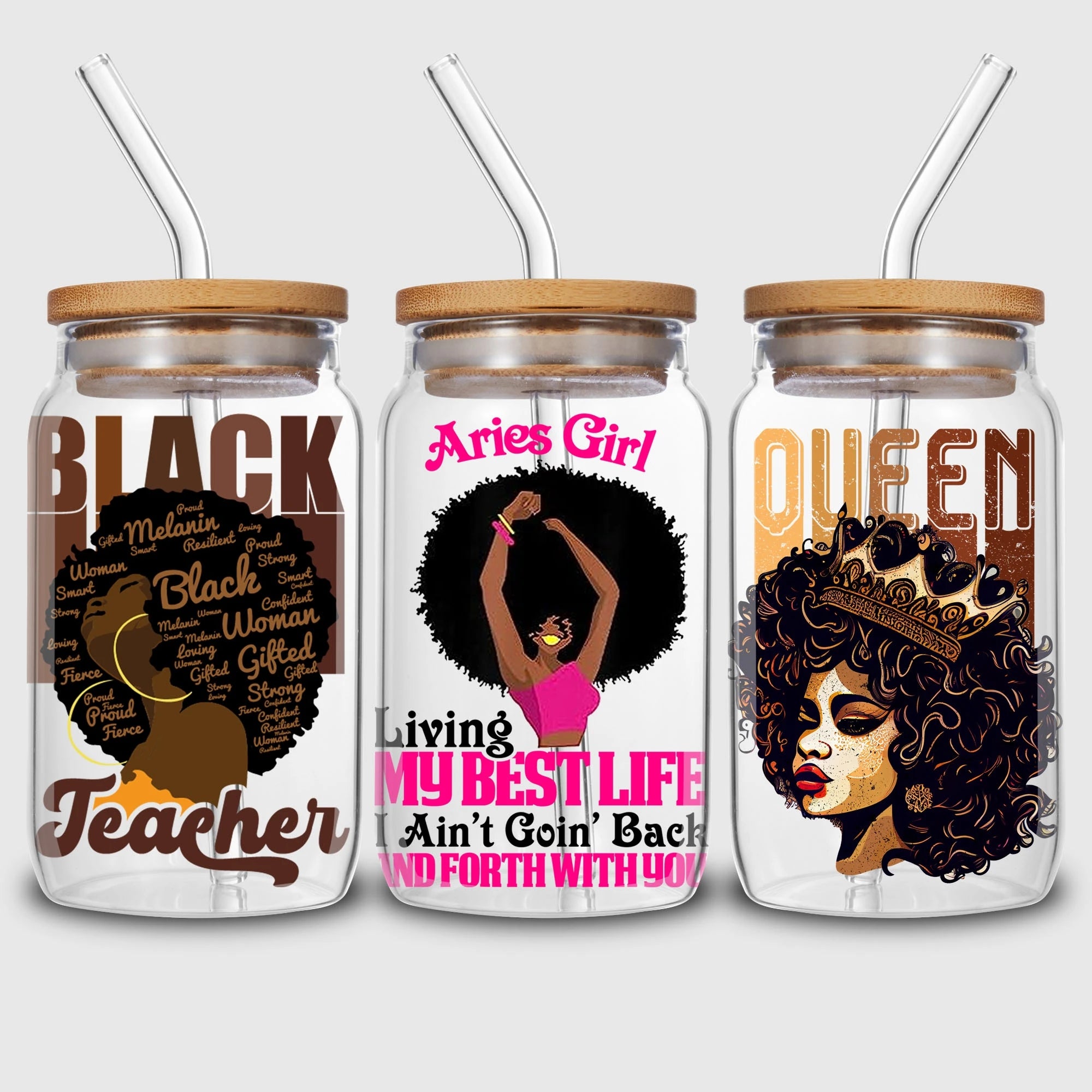 5 Sheets Queen UV DTF Cup Stickers, DTF Friction Transfer Stickers, Waterproof Black Girl Transfer Stickers