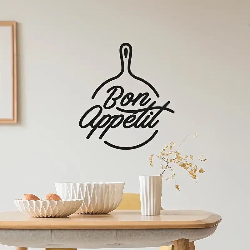 Bon Appétit" Elegant Black Vinyl Wall Decal - Removable, Self-Adhesive Kitchen Quote Art Sticker with Chef'S Hat & Whisk Design,
