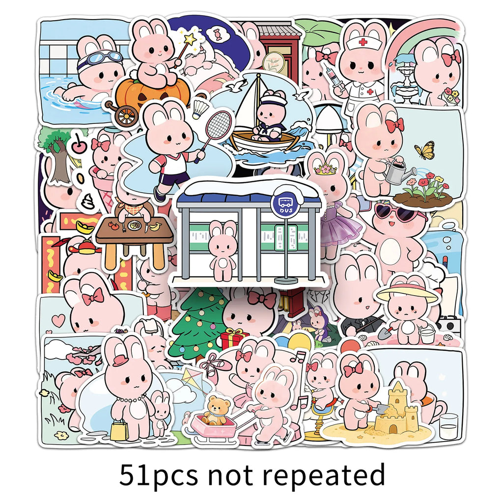 51-Piece Cute Cartoon Pink Bunny Daily Doodle Stickers Waterproof Stickers for Cups Phones Guitars Helmets Stationery Notebooks