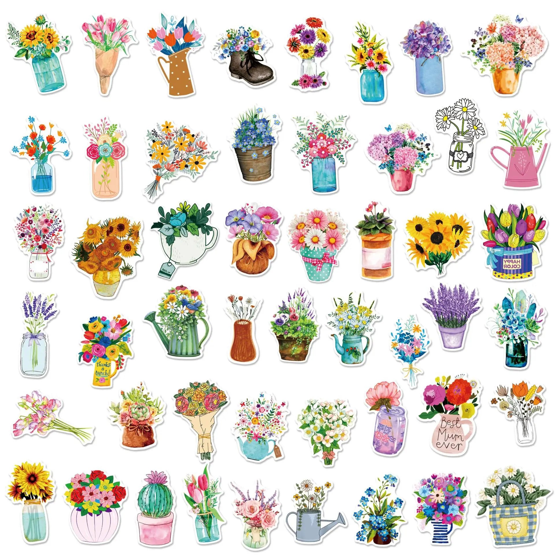 Fresh Plant Flower Graffiti Sticker, Hand Ledger, Journal, Luggage Case, Desk Decoration, Waterproof, Literature and Art, 50 She