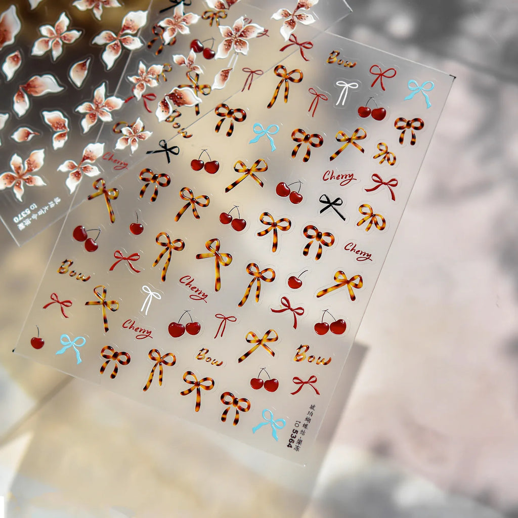 Autumn Winter Red Bows Nail Stickers 5D Jelly Amber Bows Cheery Self Adhesive Nail Art Stickers DIY Manicure Decorations Decals