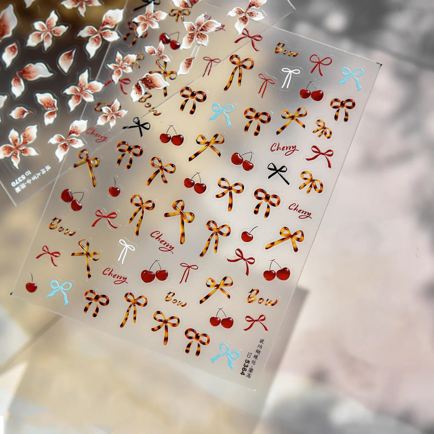 Autumn Winter Red Bows Nail Stickers 5D Jelly Amber Bows Cheery Self Adhesive Nail Art Stickers DIY Manicure Decorations Decals