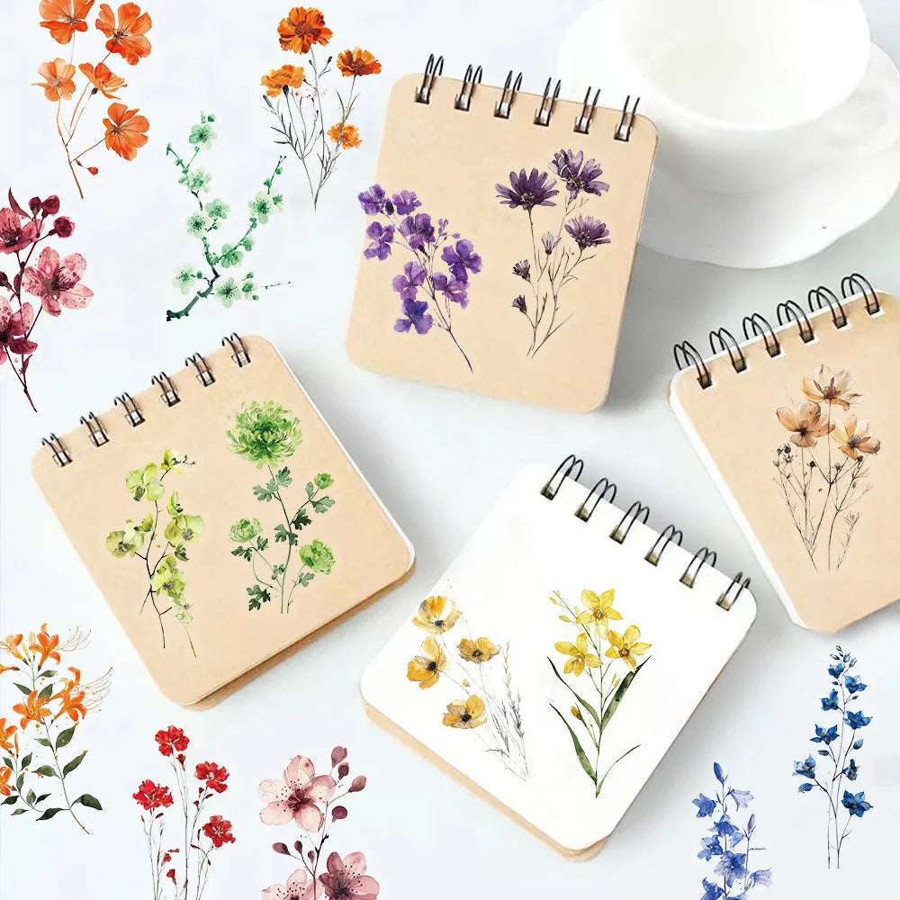50PCS Color Ink Flower Sticker Pack Waterproof Transparent PET Brochure Flower Material Decorative Notebook Waterproof Stickers