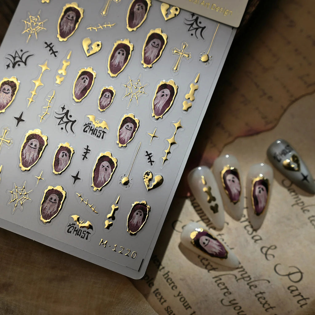 1pcs Luxury 5D Gilding Gold Halloween Nails Sticker New Bat Cross Ghost Design Nail Slider DIY Self Adhesive Nail 3D Decoration