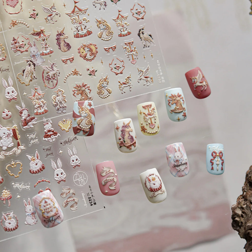 Halloween Nails Sticker 5D Embossed Cartoon Nail Art Stickers Retro Rabbit Self Adhesive Stickers For Nails DIY Manicure Decals
