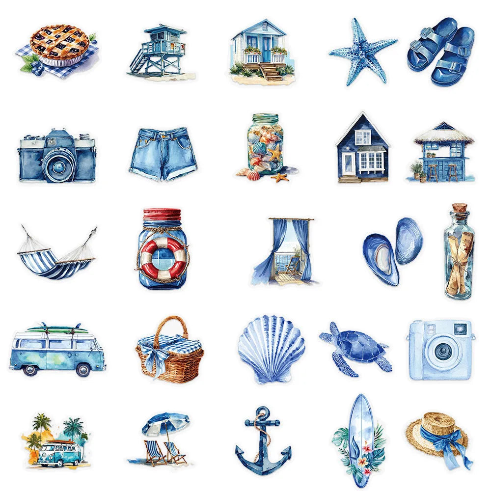 50-Pack Summer Beach Blue Waterproof Stickers Transparent PET Decoration Decals for Water Bottles Phone Stationery Notebook