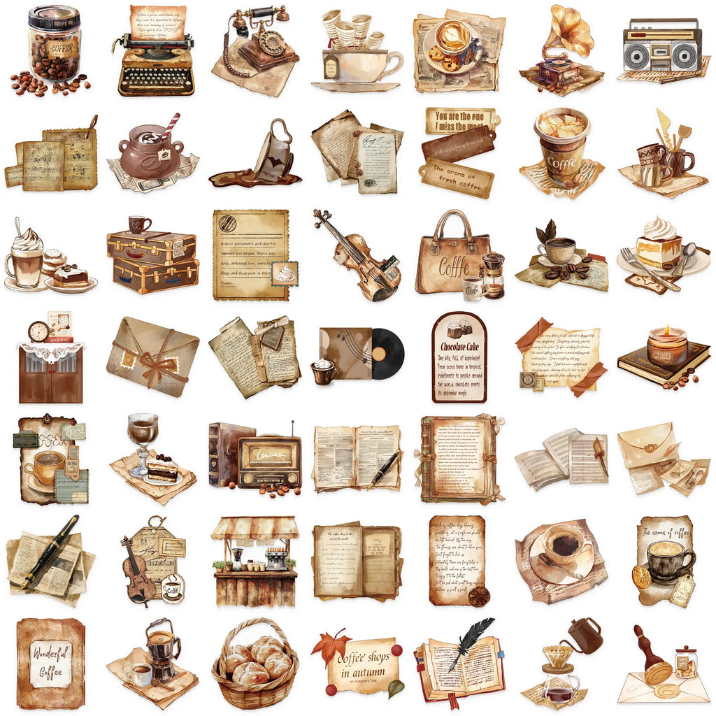 50/100PCS Transparent Retro Cafe Sticker Pack Waterproof Transparent PET Decorative Guitar Notebook Stationery Stickers