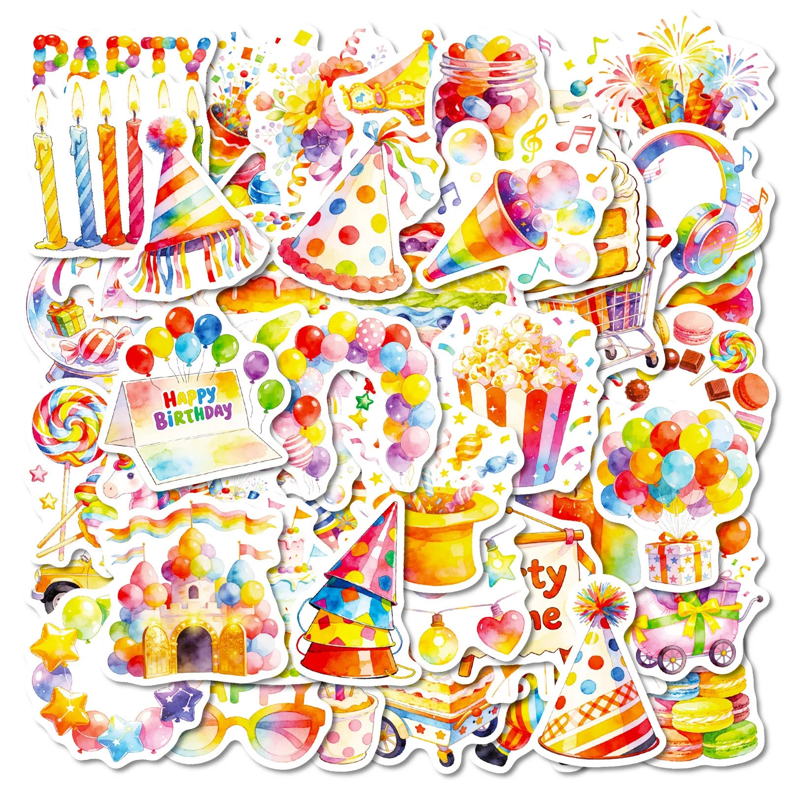 56PCS Watercolor Birthday Party Graffiti Stickers Balloon Cake Candy Elements Student Stationery Notebook Birthday Gift Stickers