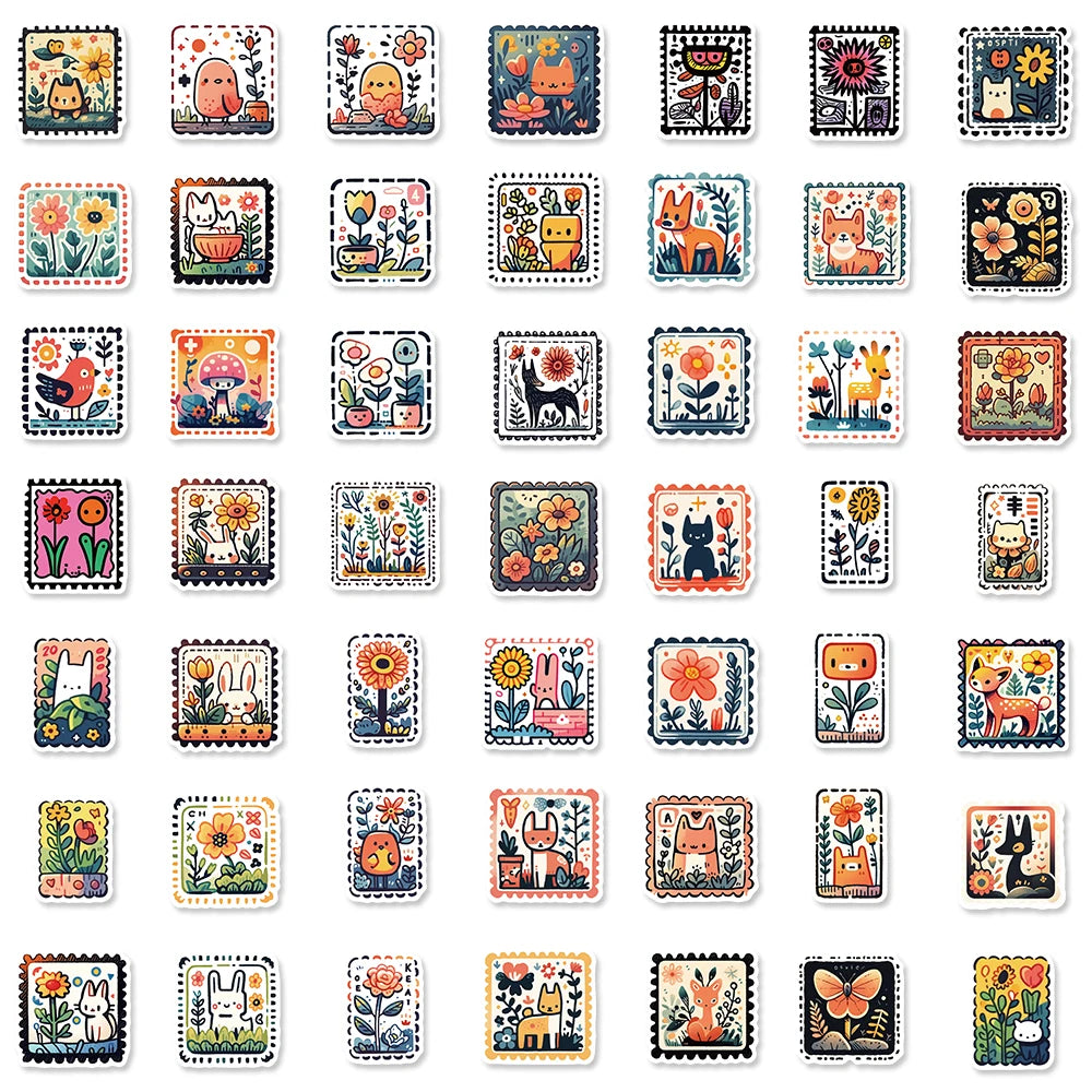 50PCS Creative Stamp Stickers Fashion Streetwear Laptop Phone FashionWaterproof Graffiti  Sunflower Scrapbook Desktop Sticker