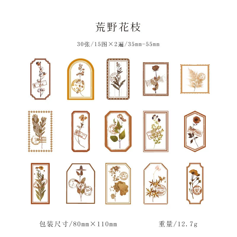 Mist Flower Series 30PCS PET Sticker Pack Light Retro Plant Frame DIY Decorative Stationery Notebook Stickers -6 Styles