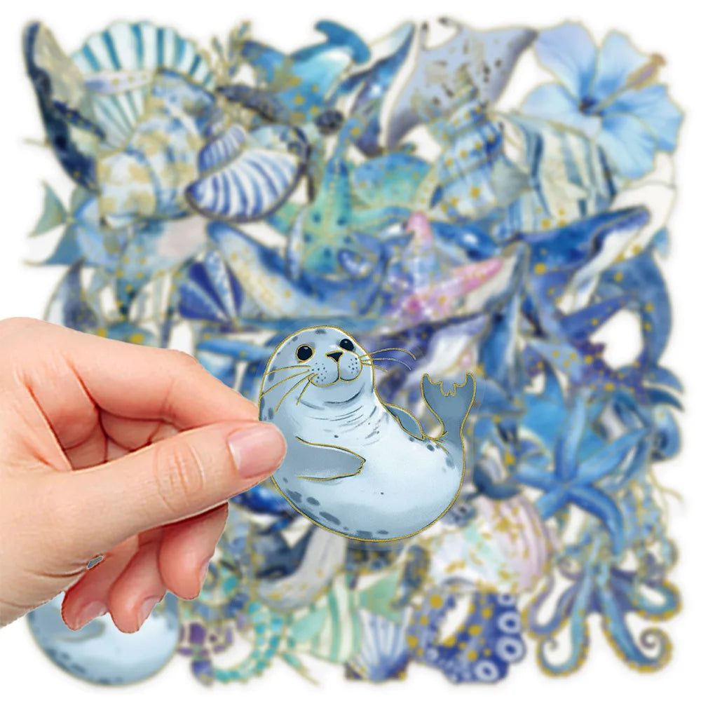 50-Pack Gold Foil Ocean Animal Doodle Stickers Waterproof Decor Decals for Students Stationery Phone Case Scrapbooking Sticker