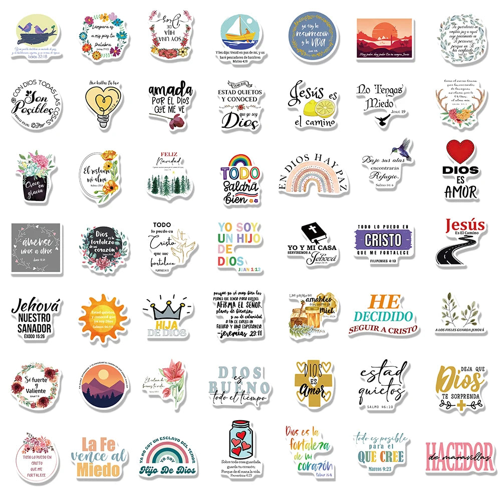 50PCS Spanish Bible Sticker Harajuku Laptop Phone Cars Aesthetic Waterproof Skateboard Coffee Nostalgia Landscape Decal Stickers