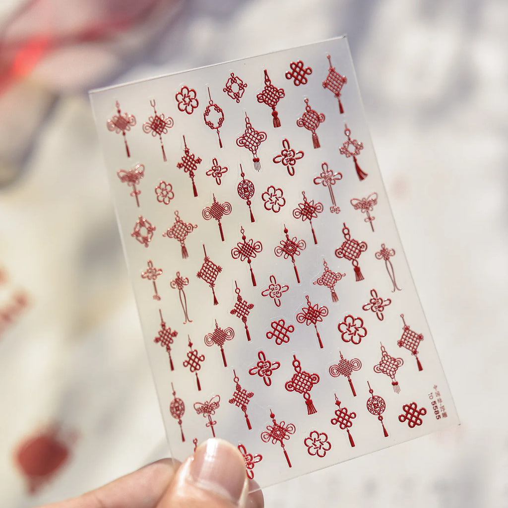 Chinese knot Adhesive Nails 3D Decorations Stickers 5D Embossed Nail Stickers 2026 New Year Nail Art Sticker Manicure Decals DIY