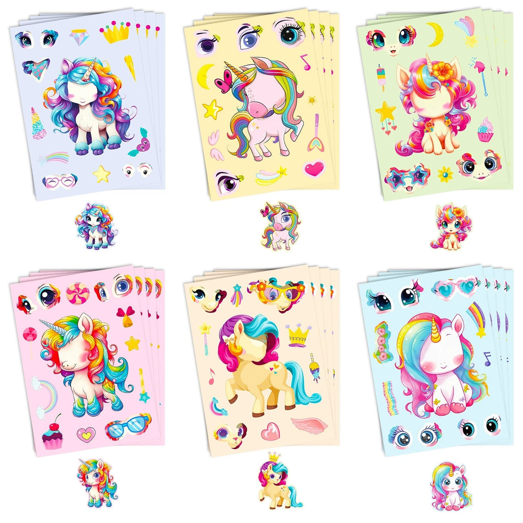6/12PCS Rainbow Horse DIY Puzzle Sticker Games Unicorn Make A Face Funny Assemble Educational Stickers