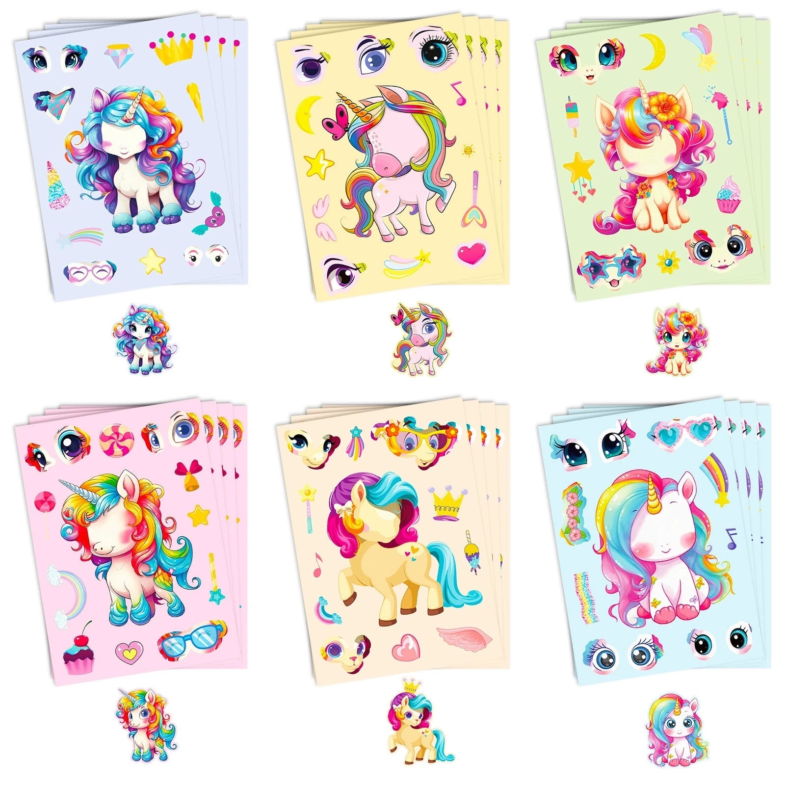 6/12PCS Rainbow Horse DIY Puzzle Sticker Games Unicorn Make A Face Funny Assemble Educational Stickers