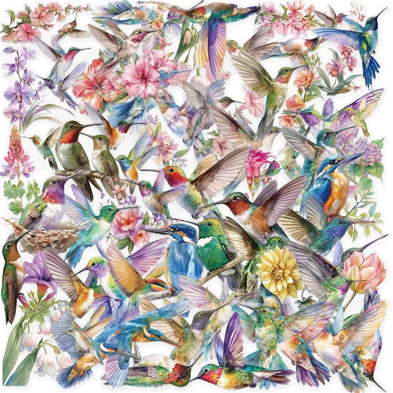 50PCS Cartoon Hummingbird PET Sticky Sticker Aesthetic Korean Stationery DIY Decoration Scrapbooking School Supplies for Kids