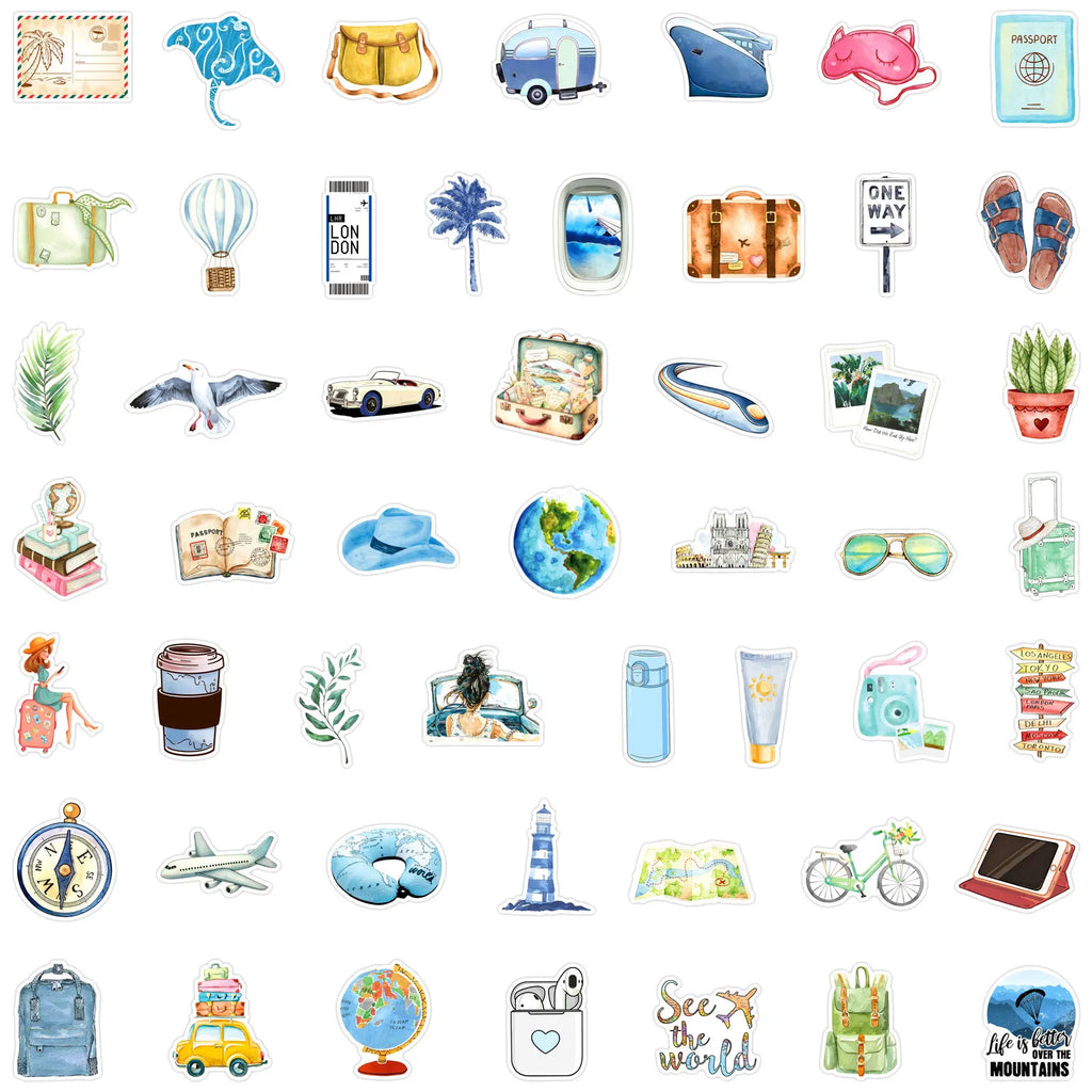 50-Pack Cartoon Watercolor Outdoor Travel Graffiti Stickers for Skateboard Water Bottle Fridge Phone Guitar Notebook