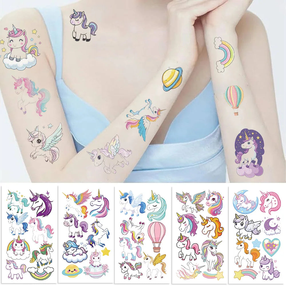 10Pcs Disposable Water Transfer Printing Unicorn/butterfly/Watch Luminous Tattoo Stickers Waterproof Party Gifts Funny Stickers