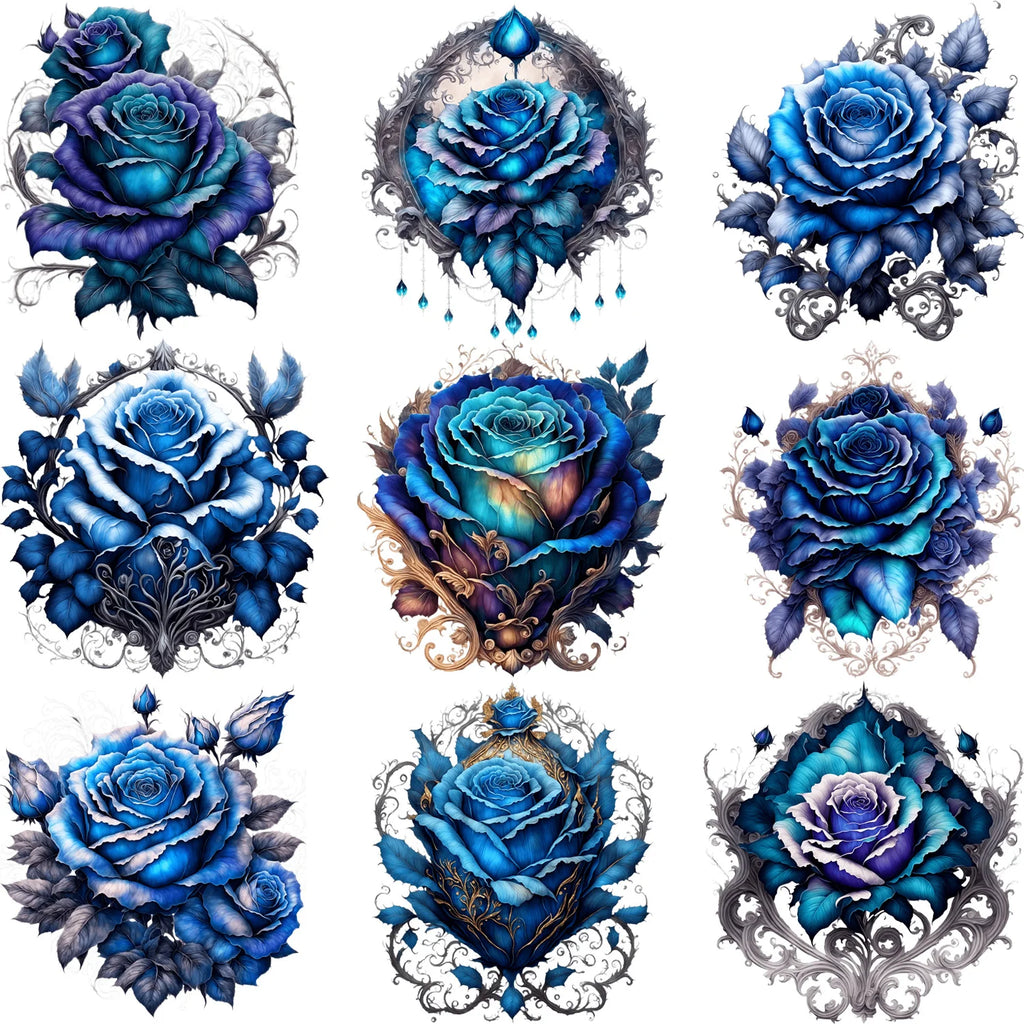 9 Sheets 4 Inch Blue Rose DIY Theme Iron-On Applique Patches Floral Theme Heat Transfer DIY Clothing, T-shirts, Masks, Jeans