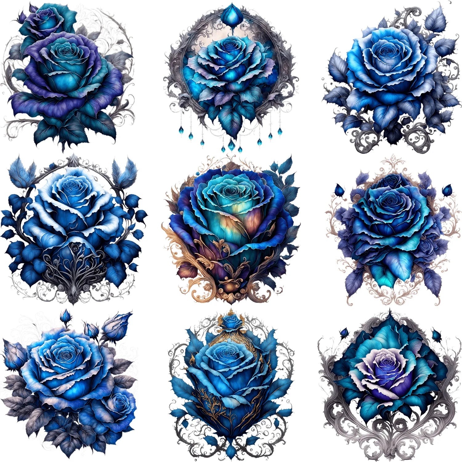 9 Sheets 4 Inch Blue Rose DIY Theme Iron-On Applique Patches Floral Theme Heat Transfer DIY Clothing, T-shirts, Masks, Jeans