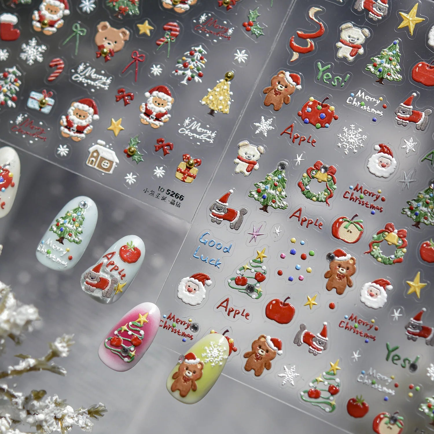 Luxury Crystal Diamond Nail Stickers 5D Cute Apple Christmas Tree Nail Decoration Stickers DIY 3D Happy New Year Manicure Decals