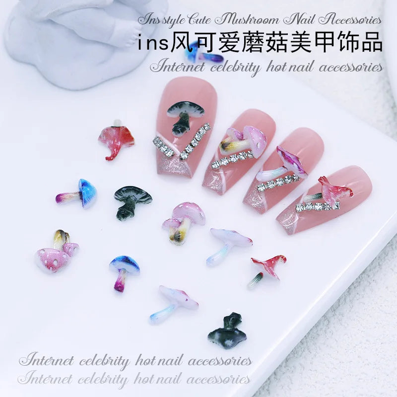 Cute And Magical Mushroom Nail Art Accessories Resin Cartoon Little Mushroom Nail Charms Wearable Nail Rhinestones Decorations
