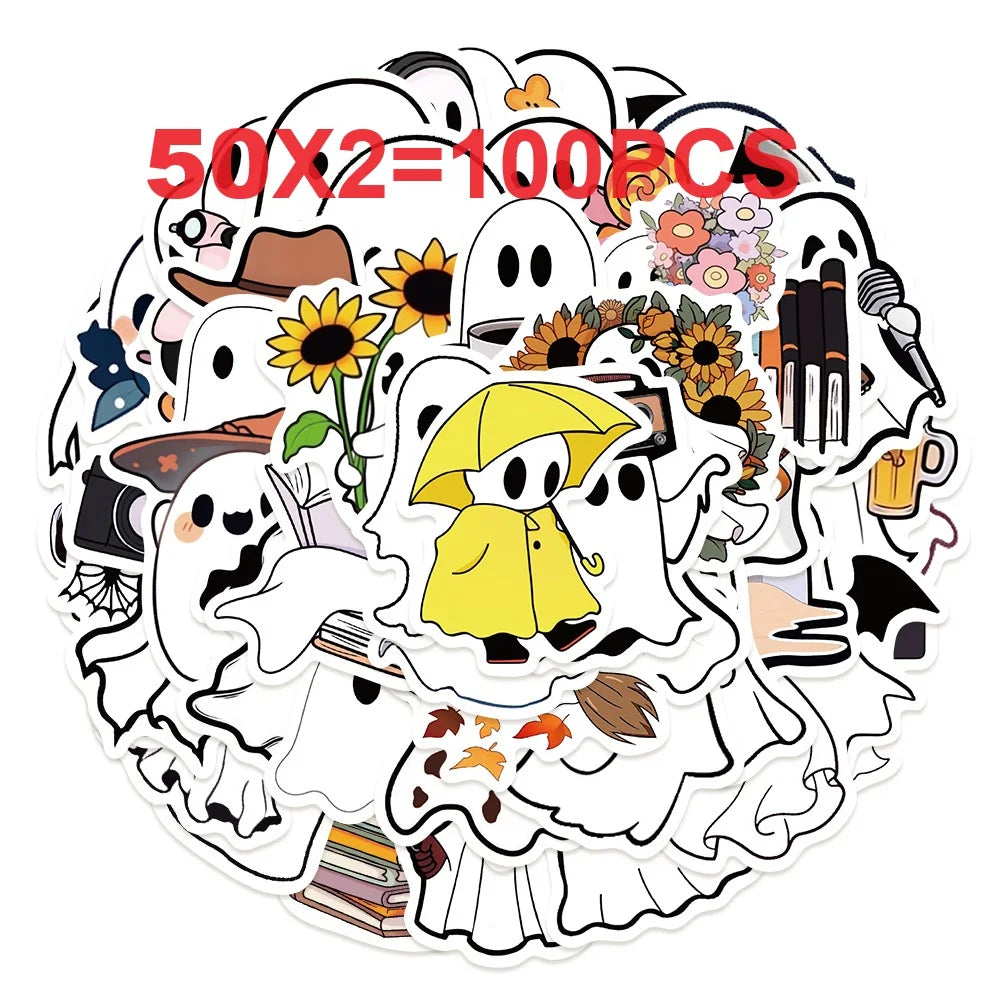 50/100PCS Little Ghost Stickers Notebook Halloween Fun Cartoon Aesthetic For Laptops Luggage Scrapbooks Bicycle Phone Sticker