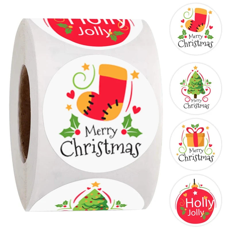 500 Pcs Christmas Stickers Roll - 1 Inch Self Adhesive Envelope & Round Stickers for Xmas Party Supplies, Holiday Greetings