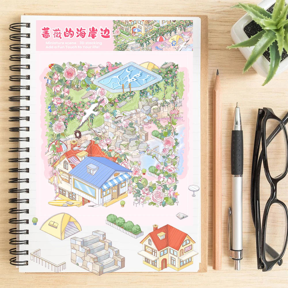 3PCS The Coast of Rose Landscaping Miniature Scene Sticker Aesthetic Casual Skateboard Art Picture Cafe Decoration Stickers
