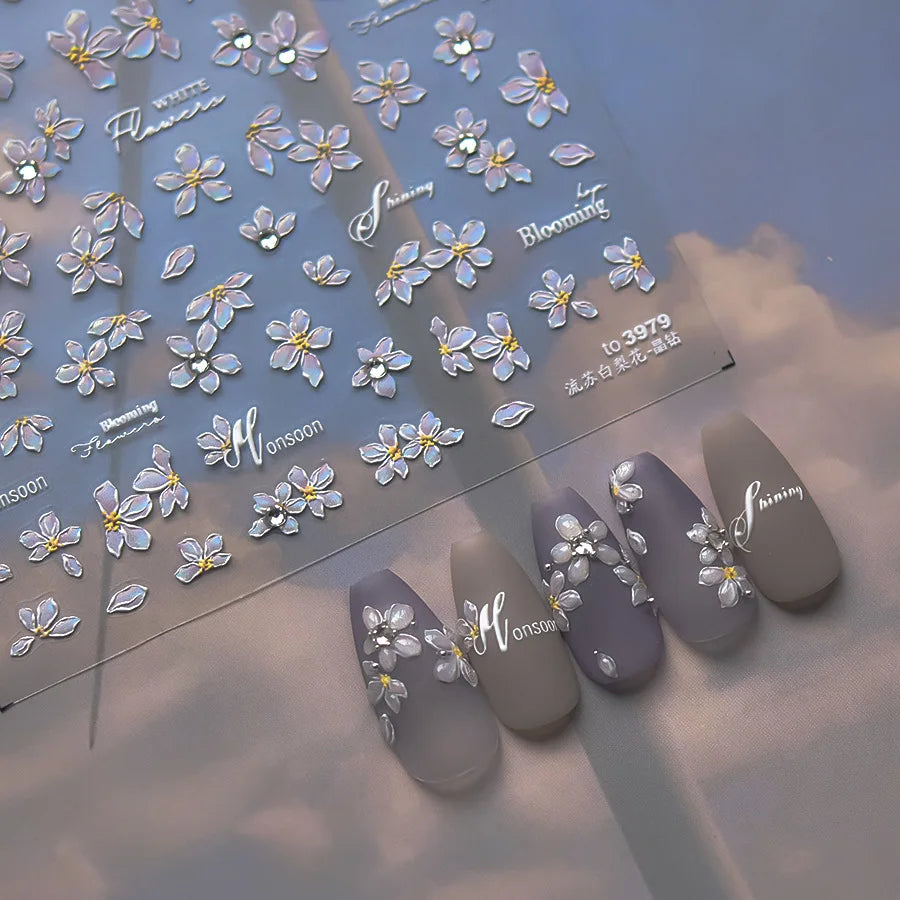 Classic White Flowers Nail Charms Stickers 5D Embossed Pearls Flowers Ribbon Design Nail Art Stickers DIY 3D Manicure Decoration