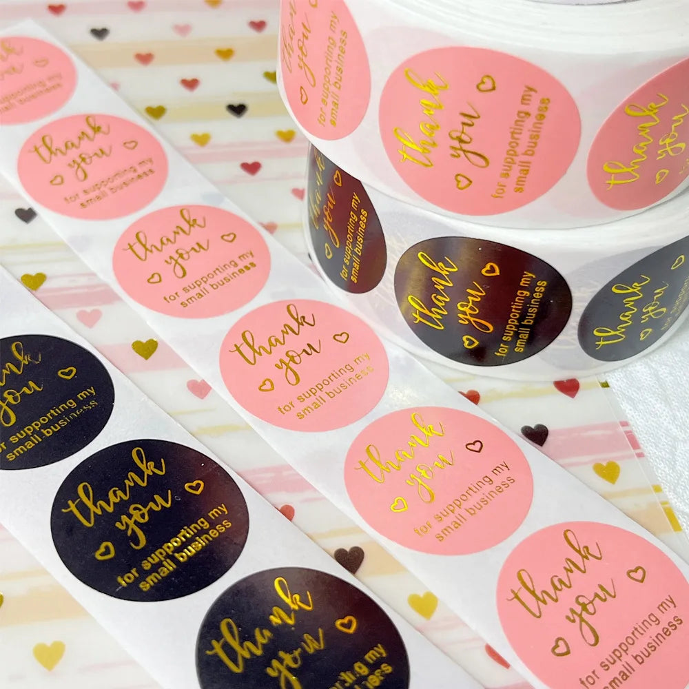 500Pcs/Roll Gilding Thank You for Supporting My Small Business Stickers Pink/Black 2.5cm/1.0inch Perfect for Aftercare