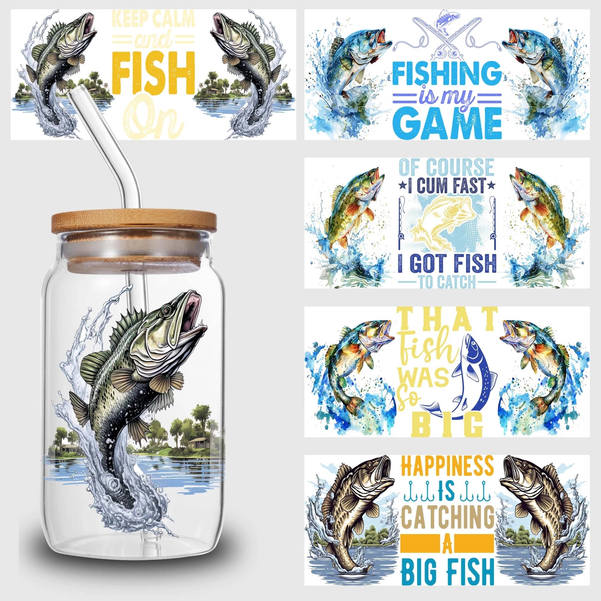 5 sheets fishing UV DTF cup package for 16oz glass cup, waterproof UV DTF stickers for 16oz glass cup, DIY, furniture, crafts