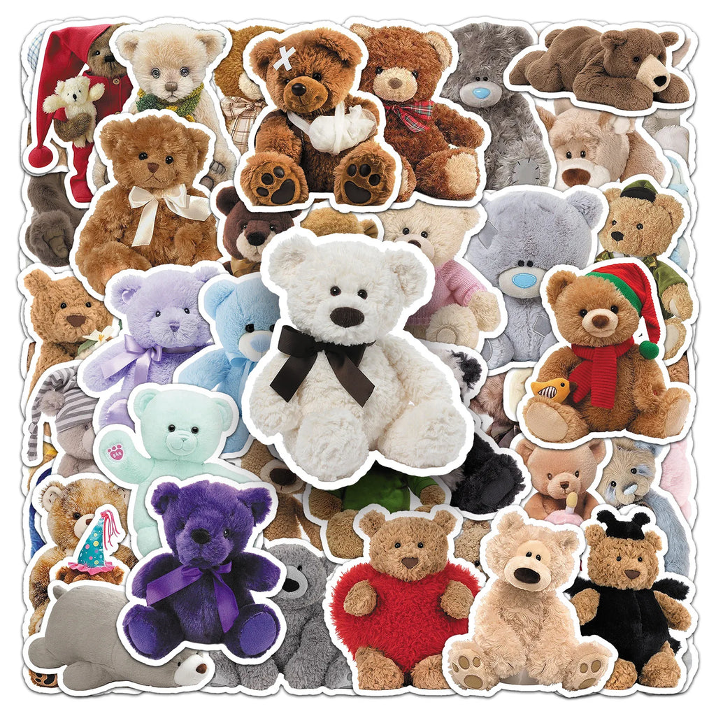 50/100PCS Cartoon Plush Toy Bear Stickers Cute Realistic Animal Waterproof Decoration Storage Box Phone Stickers