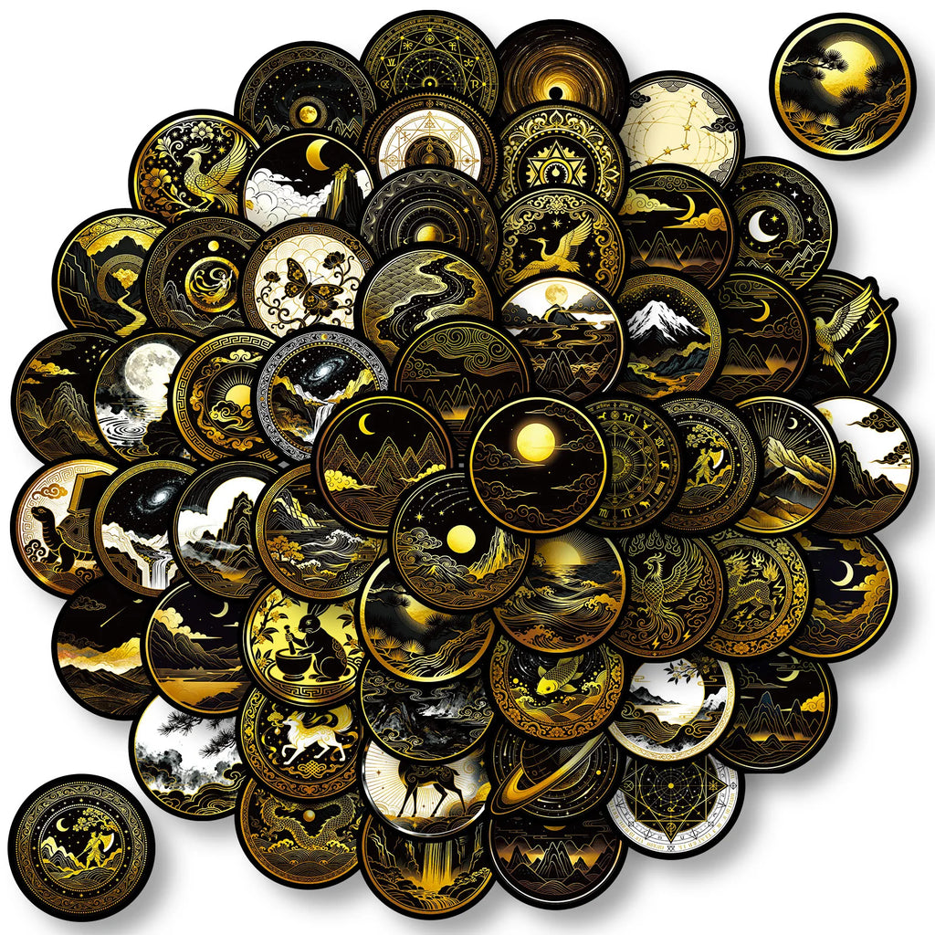 56/112Pcs Black Gold Space-themed PET Stickers - Unique Waterproof Decals for Notebook, Pencil Box, Bike, Suitcase, Laptop