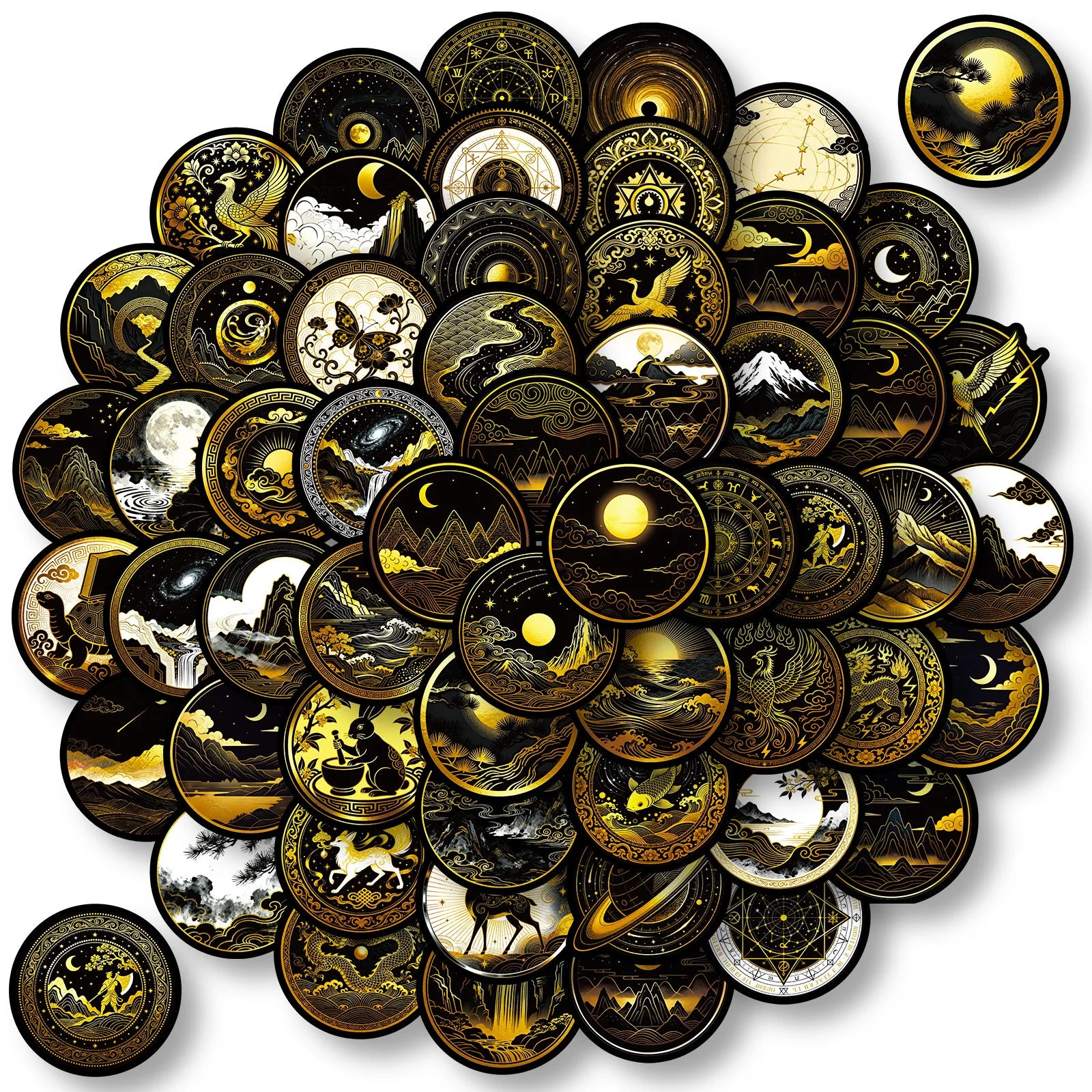 56/112Pcs Black Gold Space-themed PET Stickers - Unique Waterproof Decals for Notebook, Pencil Box, Bike, Suitcase, Laptop