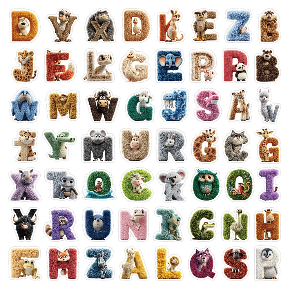 50-Pack Cartoon Animal Alphabet Graffiti Stickers DIY Phone Case Luggage Decoration Waterproof Student Stationery Stickers