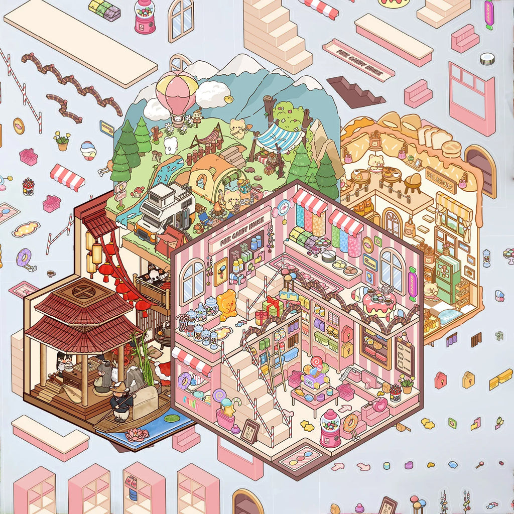 3D Cartoon Landscape Stickers Pink Candy House Miniature World 3D Small House Decompression DIY Scene Hand Account Stickers