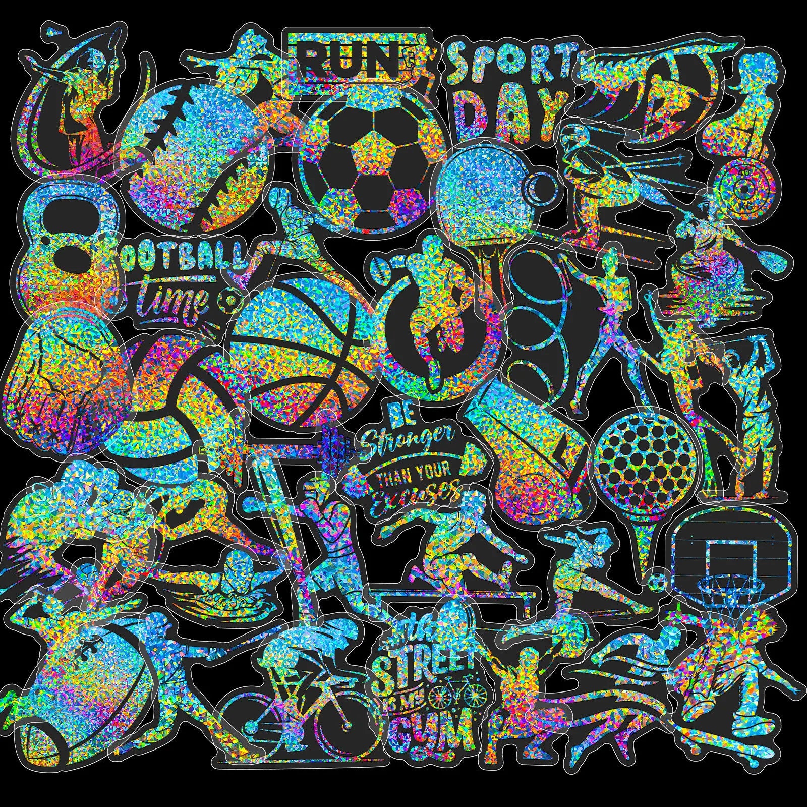 50 Pcs Silver Laser Sports Style PET Stickers Decorating Luggage Water Bottles Stickers