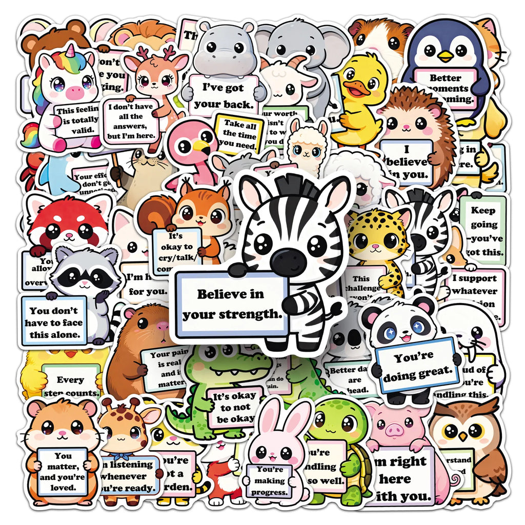 50Pcs Inspirational Phrase Animal Stickers, Cute School Supplies Decals for Notebook Album Cup Phone Fridge DIY Decor